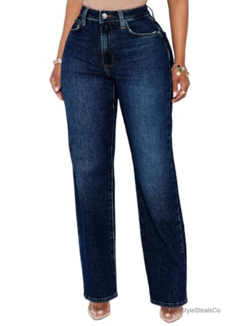 High Waisted Wide Leg Straight Leg Jeans Stretchy Loose Denim Pants